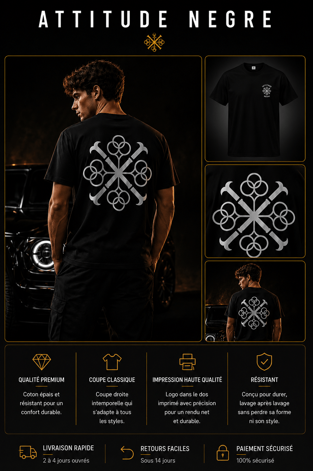 T-Shirt Empreinte Dos Premium Noir Attitude Nègre, logo Signature au dos