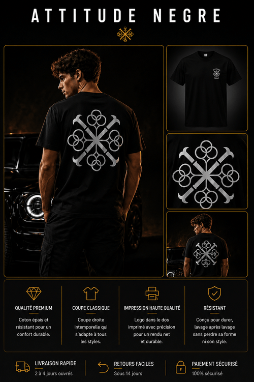 T-Shirt Empreinte Dos Premium Noir Attitude Nègre, logo Signature au dos