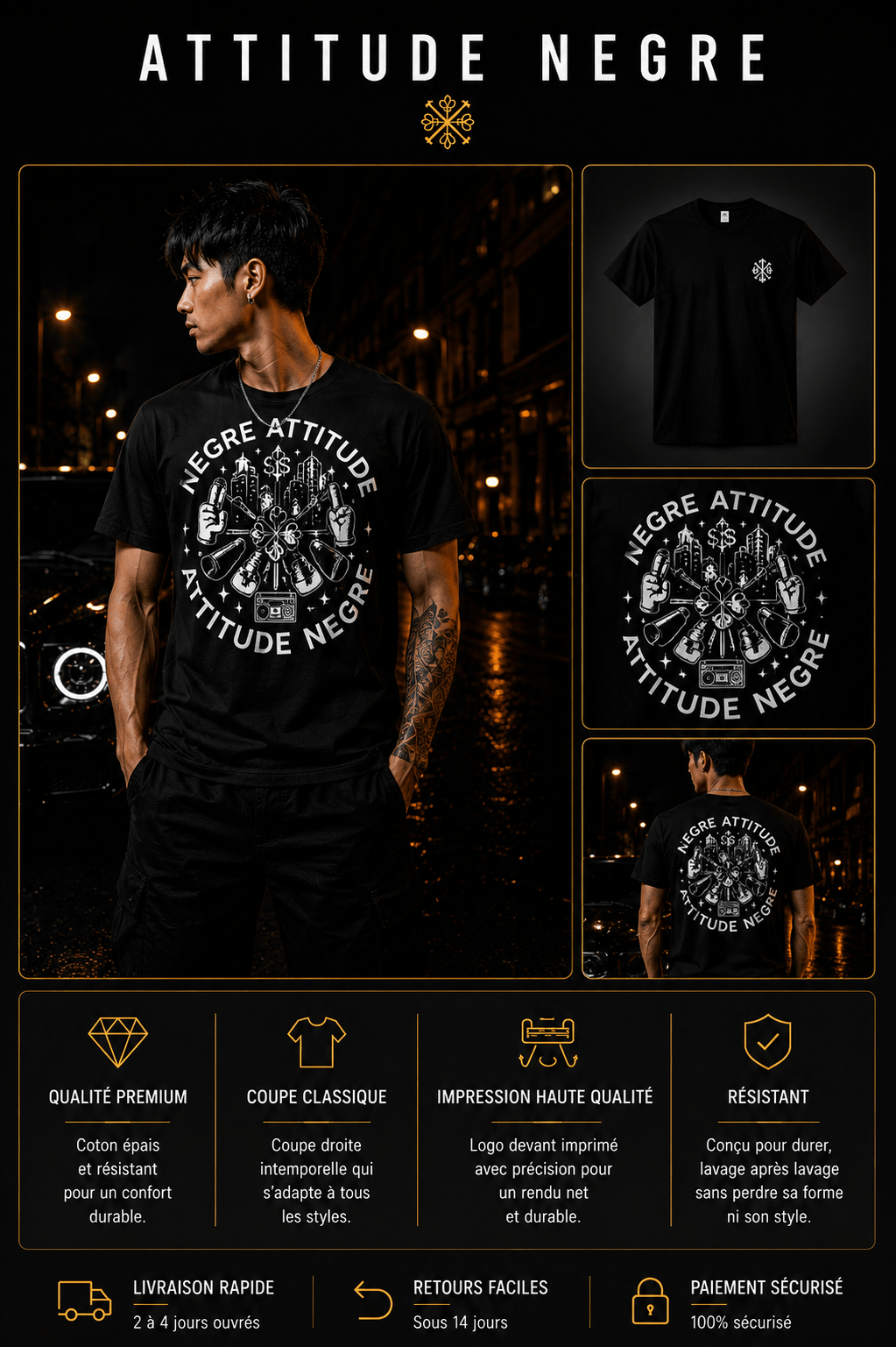 T-Shirt Urbain Signature Noir Attitude Nègre, style streetwear