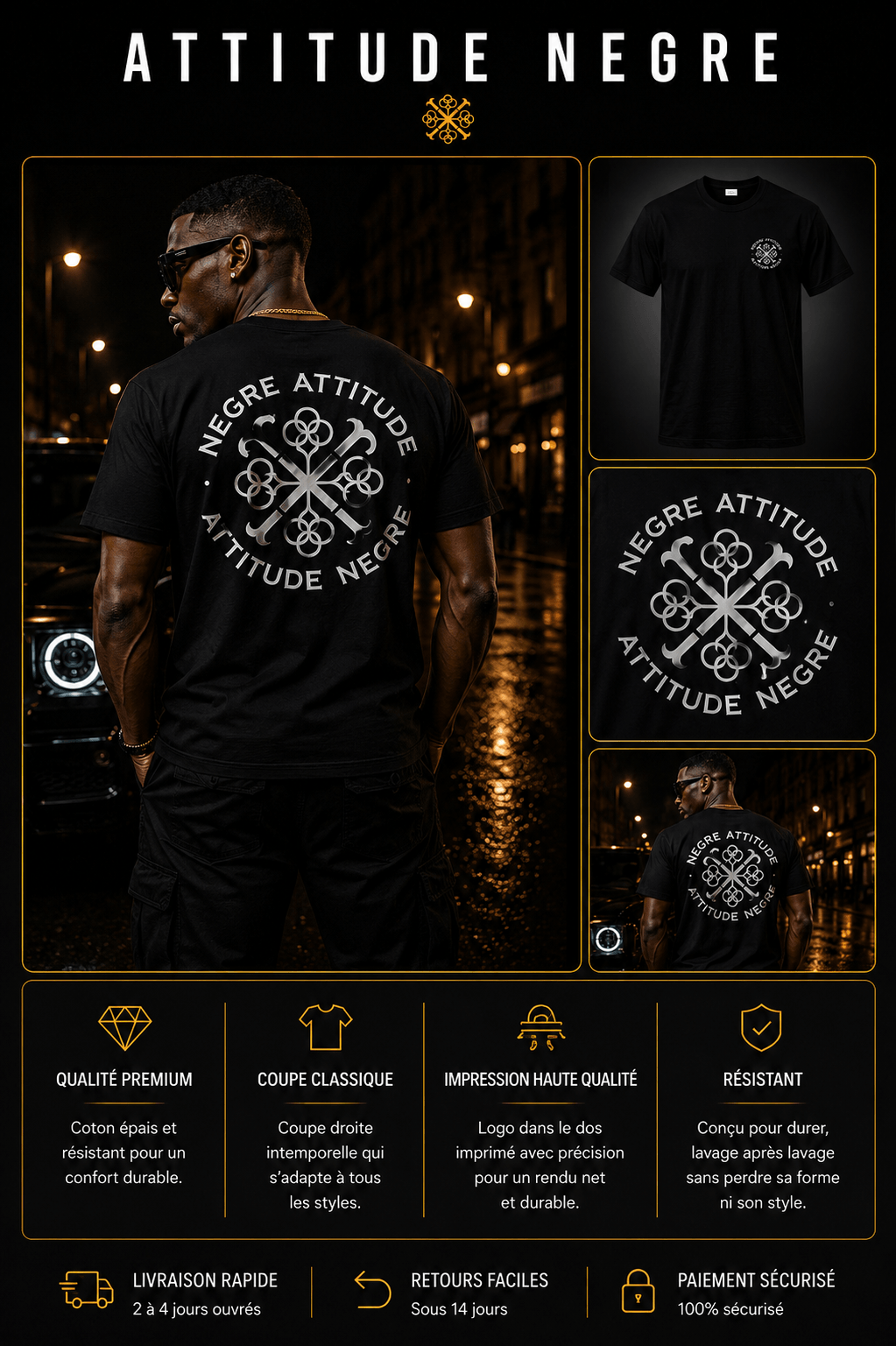 T-Shirt Signature Dos Premium Noir Attitude Nègre, logo au dos