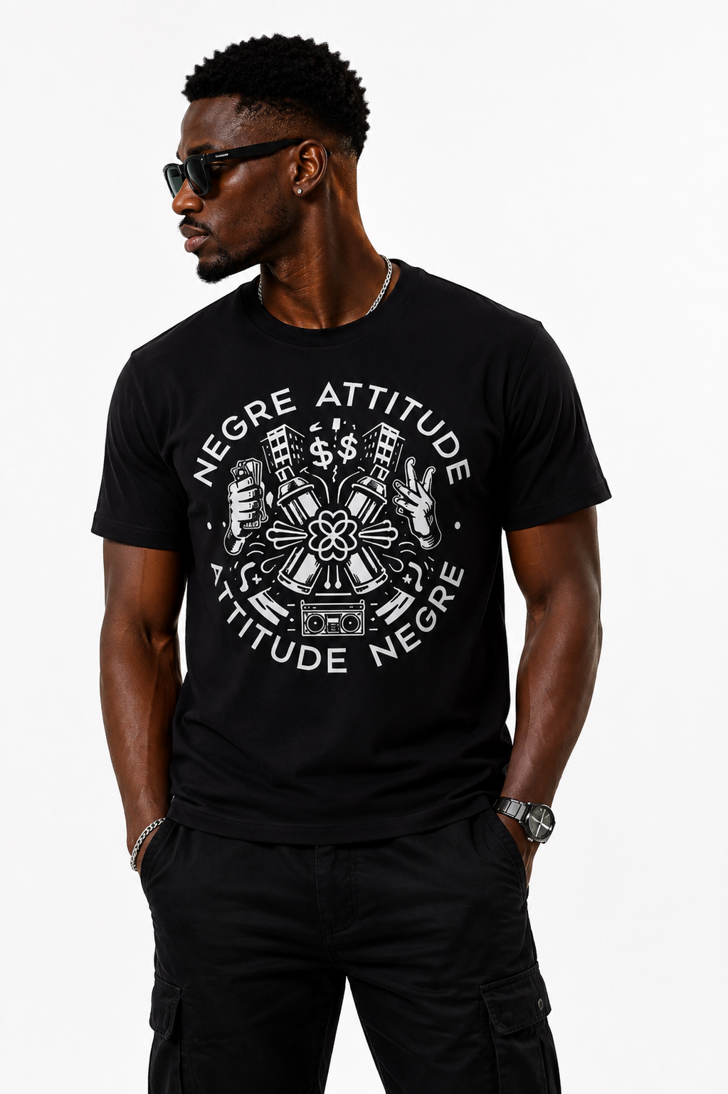 T-Shirt Urbain Signature Noir Attitude Nègre - vue de face