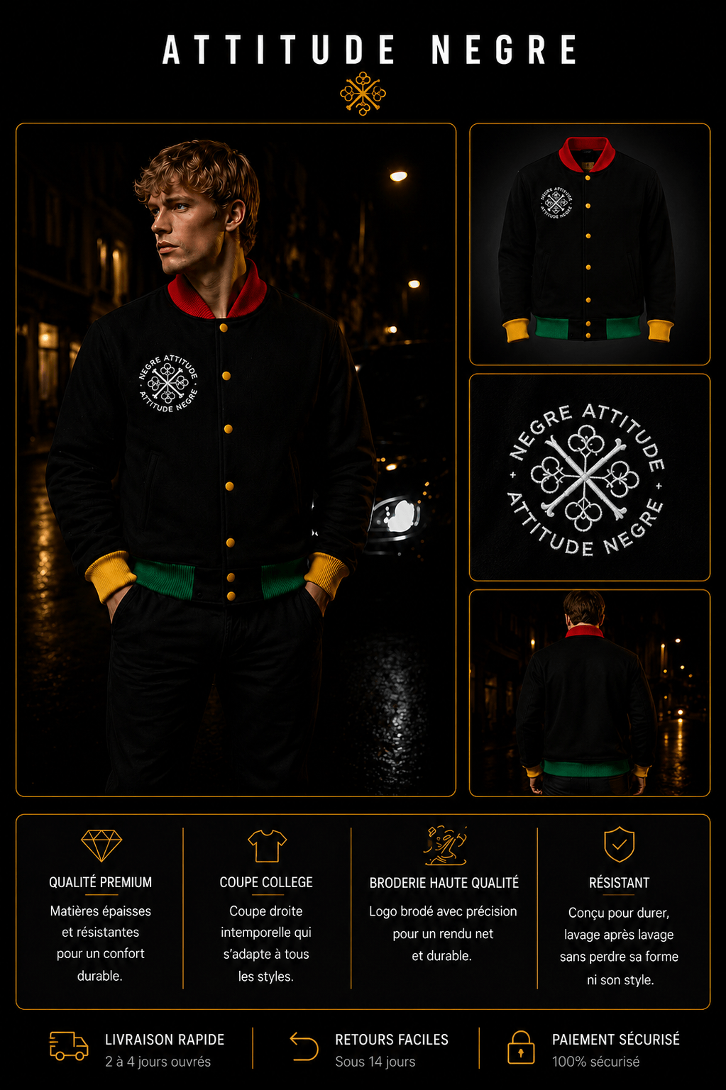 Teddy Signature Premium Noir Attitude Nègre, veste varsity premium