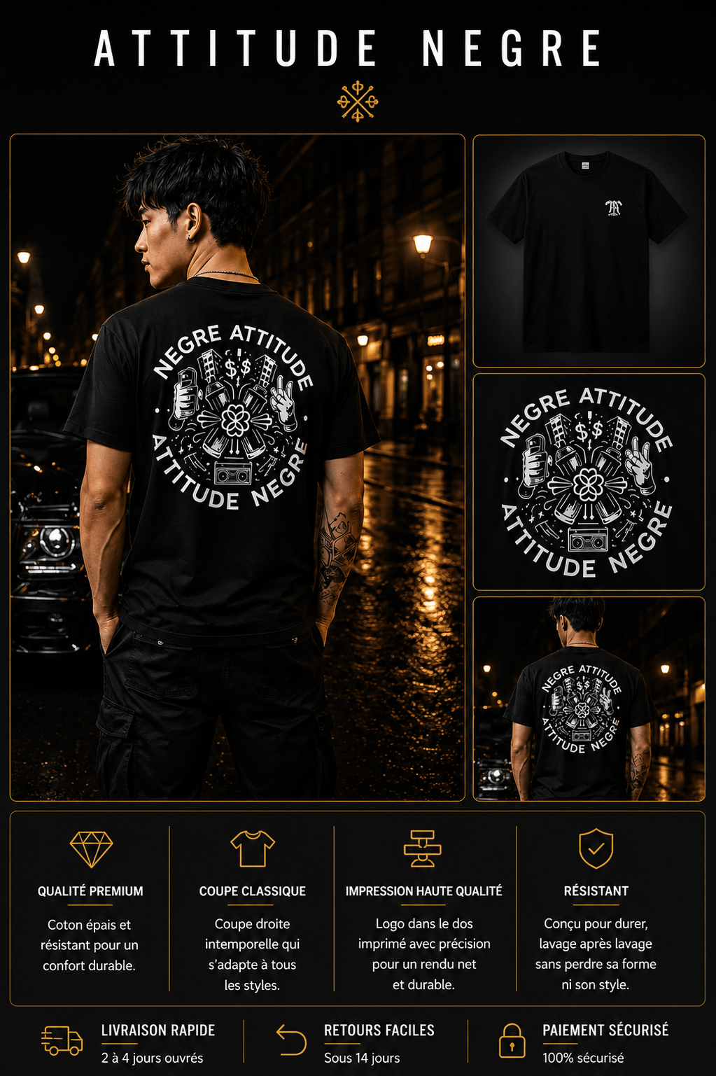 T-Shirt Urbain Dos Premium Noir Attitude Nègre, imprimé signature au dos