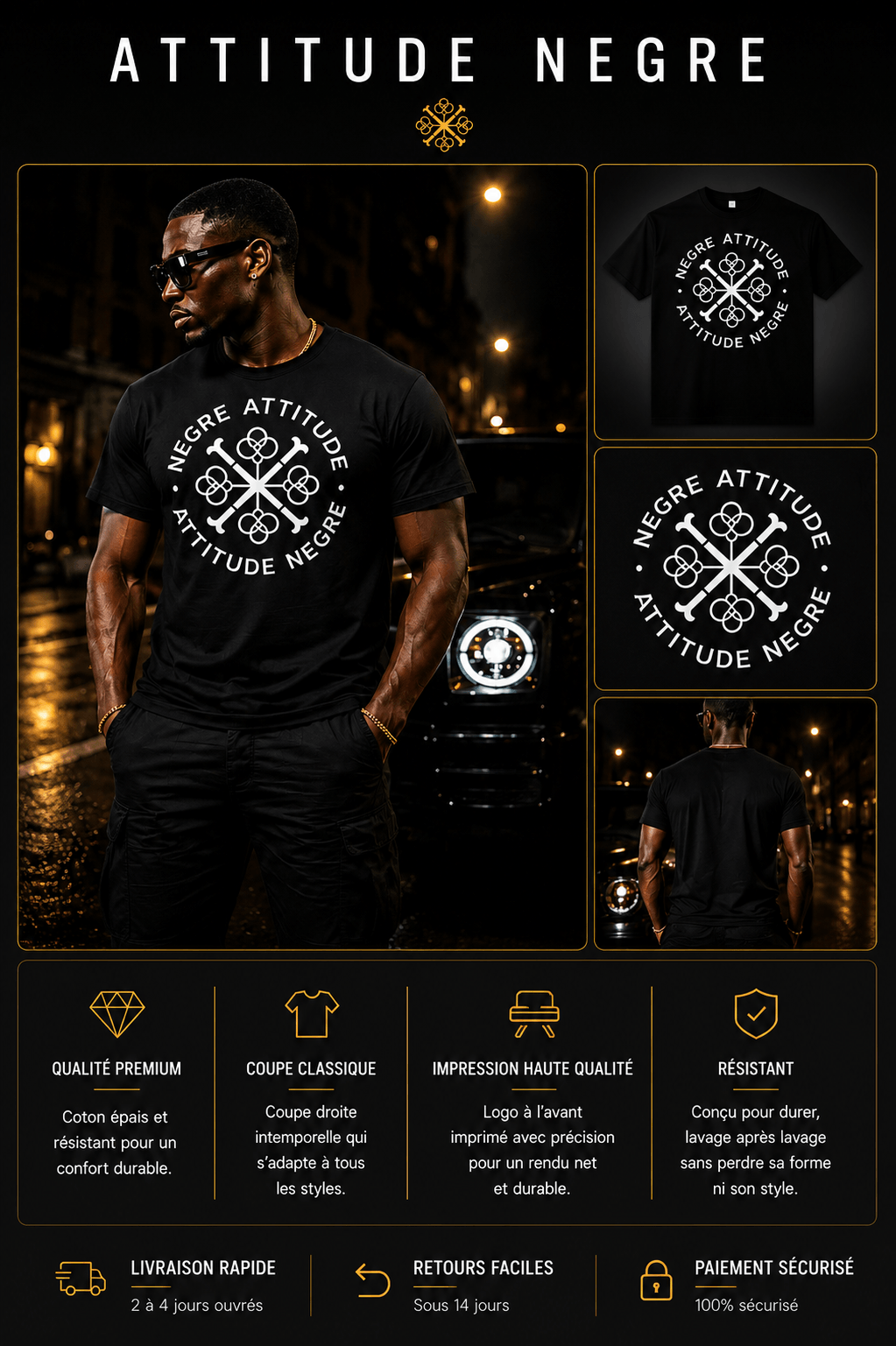T-Shirt Signature Premium Noir Attitude Nègre, édition limitée