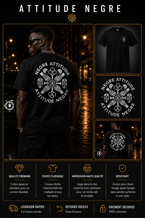 T-Shirt Origine Dos Premium Noir Attitude Nègre, hommage aux héritages culturels