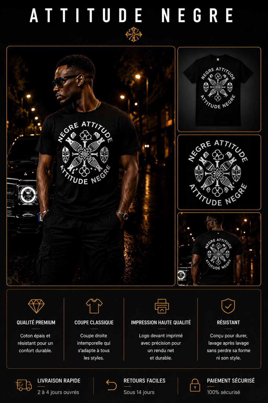 T-Shirt Origine Premium Noir Attitude Nègre, coton premium