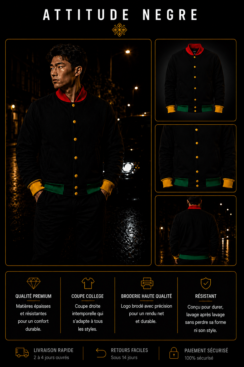 Teddy Héritage Premium Noir Attitude Nègre, veste sans logo minimaliste